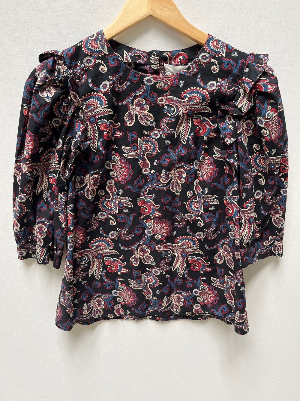BA&SH Women Black Paisley Print Ruffle Short-Sleeve Shirt Blouse Top Size S